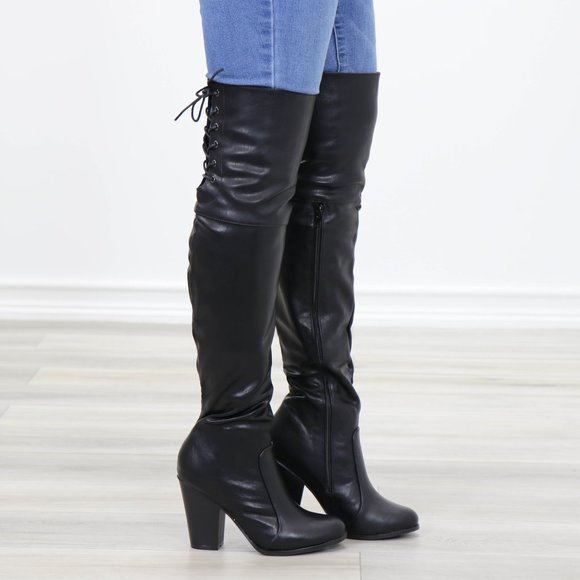Restock Faux Leather Thigh High Boots Lace Up Back - Picture 3 of 16